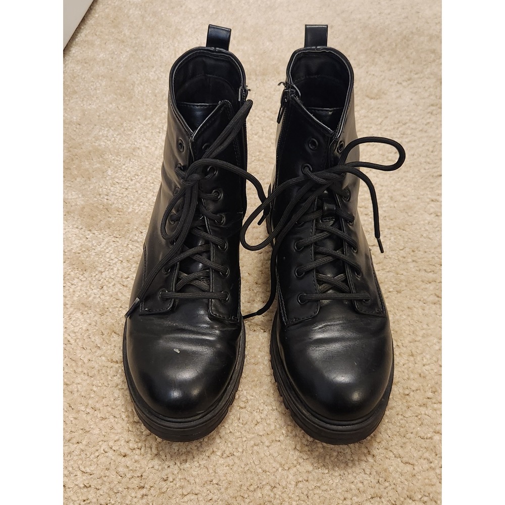 Wonder Nation Black Faux Leather Combat Boots Side Zip Lug Sole Size Youth 6